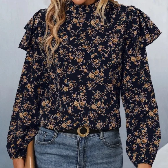 Boho Floral Print Ruffle Cottagecore Blouse - Picture 4 of 4